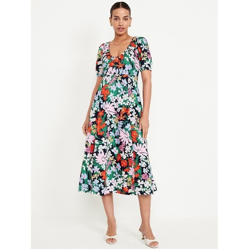 Old Navy Floral Midi Dress Womens Multicolor Large Puff Sleeve Smocked Back